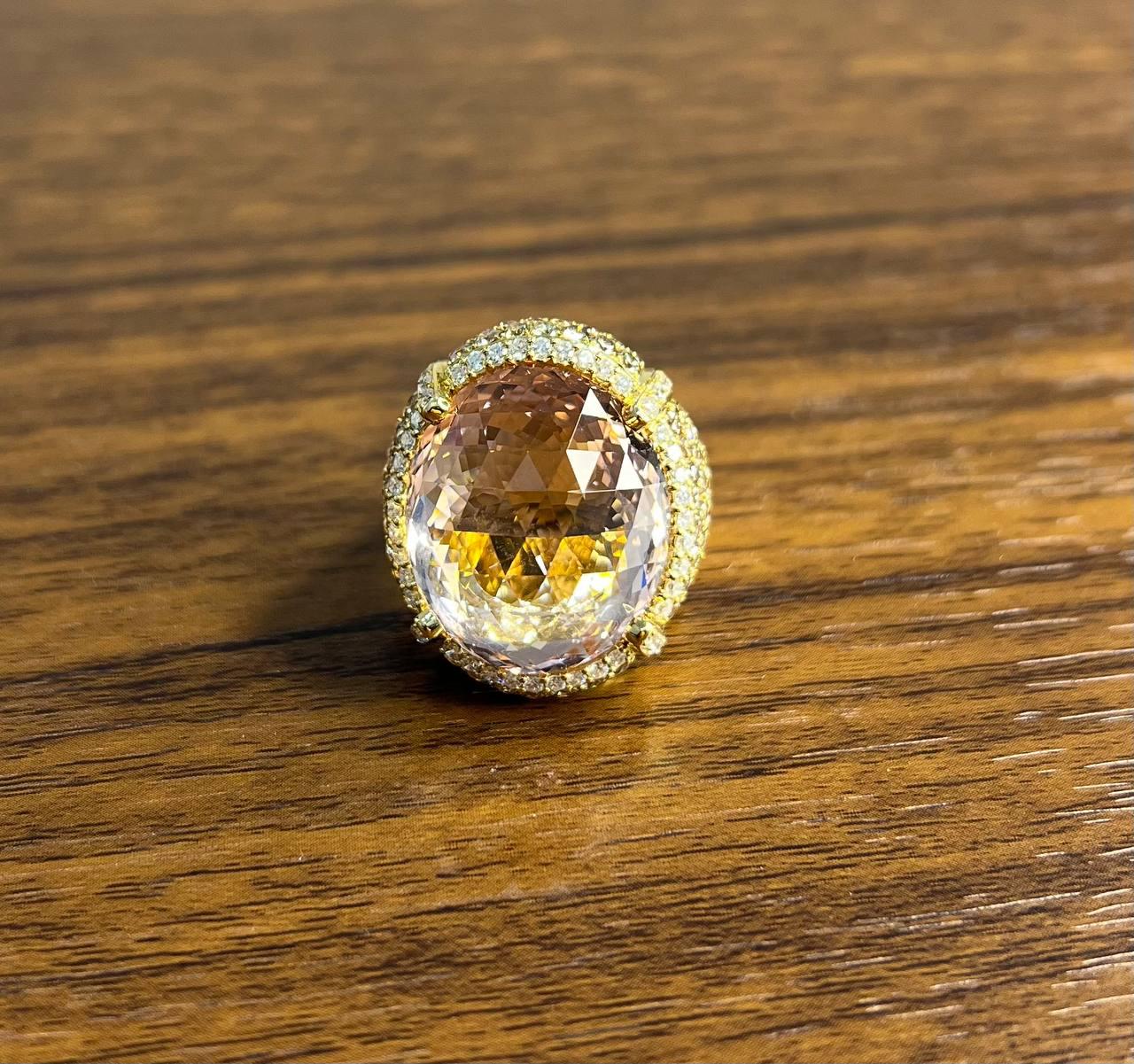 Oval Cut Peach Morganite Pave Fancy Diamonds Halo 14K Yellow Gold Statement Ring