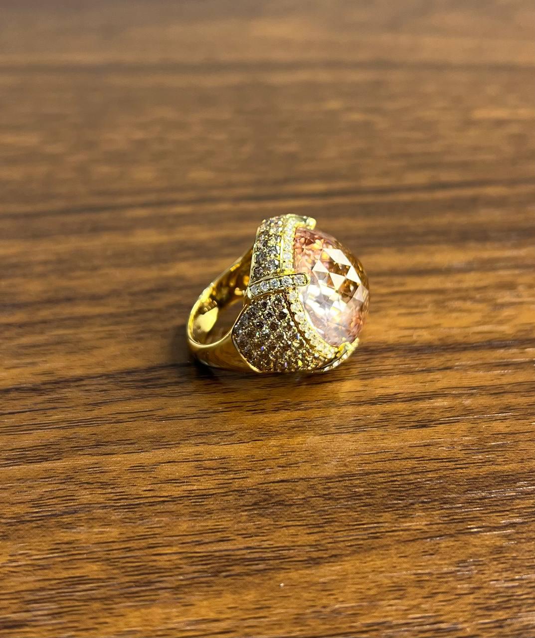 Oval Cut Peach Morganite Pave Fancy Diamonds Halo 14K Yellow Gold Statement Ring