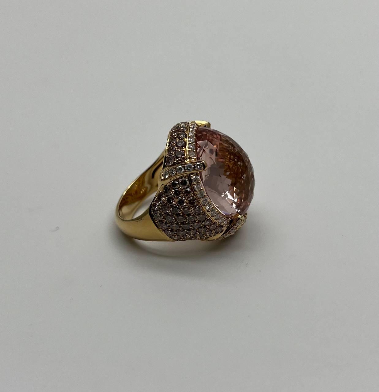 Oval Cut Peach Morganite Pave Fancy Diamonds Halo 14K Yellow Gold Statement Ring