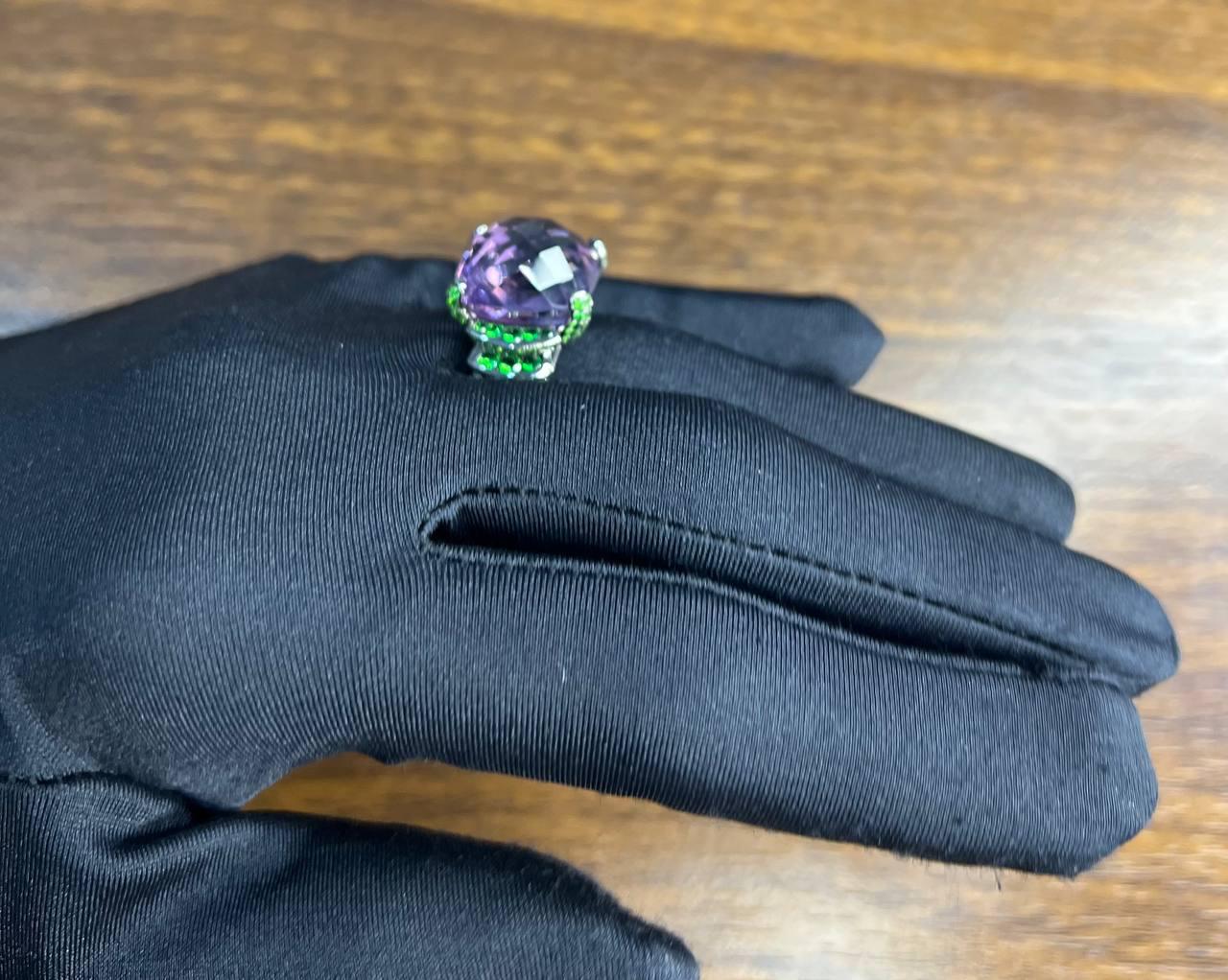 Cushion Shape Purple Amethyst Green Emeralds Blue Sapphire 18K White Gold Ring