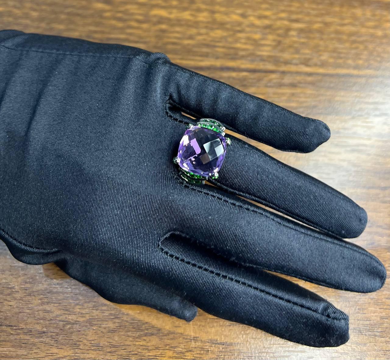 Cushion Shape Purple Amethyst Green Emeralds Blue Sapphire 18K White Gold Ring