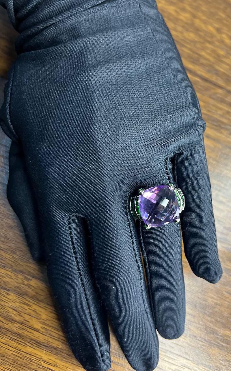 Cushion Shape Purple Amethyst Green Emeralds Blue Sapphire 18K White Gold Ring