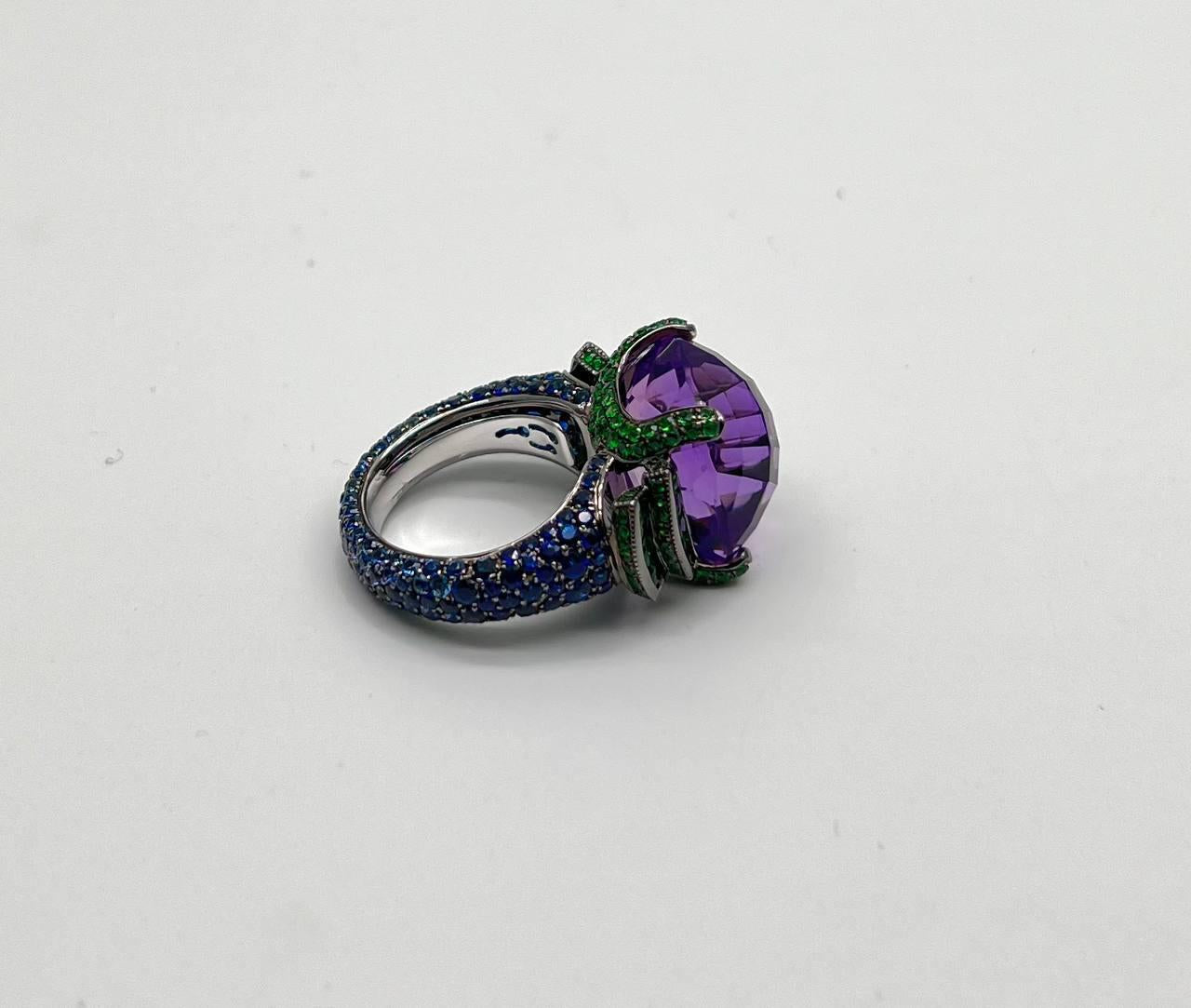 Cushion Shape Purple Amethyst Green Emeralds Blue Sapphire 18K White Gold Ring