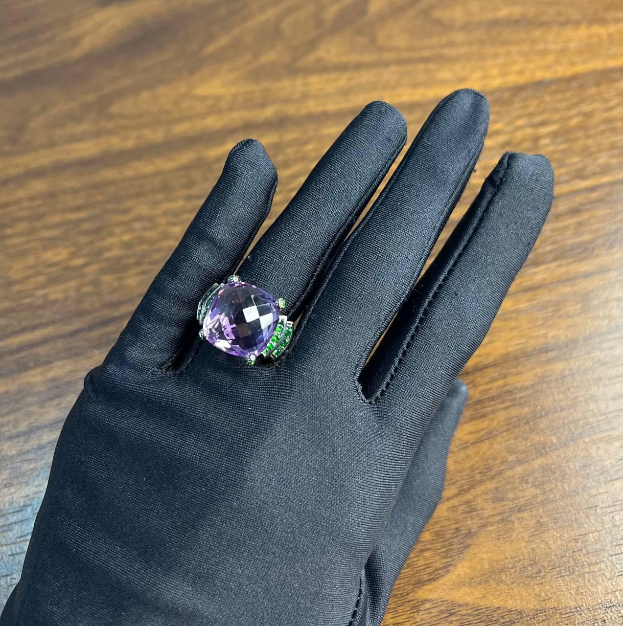 Cushion Shape Purple Amethyst Green Emeralds Blue Sapphire 18K White Gold Ring
