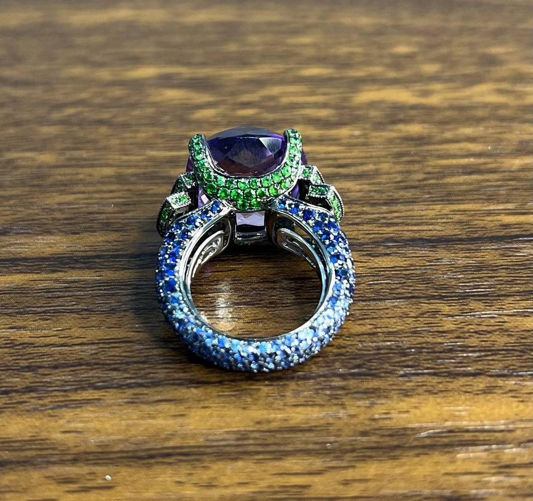 Cushion Shape Purple Amethyst Green Emeralds Blue Sapphire 18K White Gold Ring