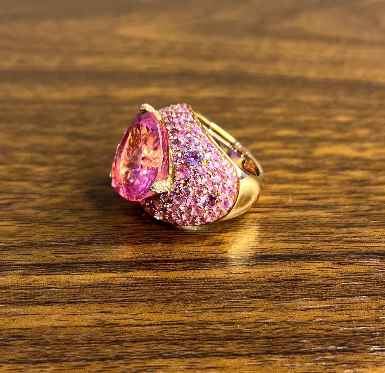 Pink Tourmaline Rubellite Pink Sapphire Diamond Pave 18K Rose Gold Unique Ring