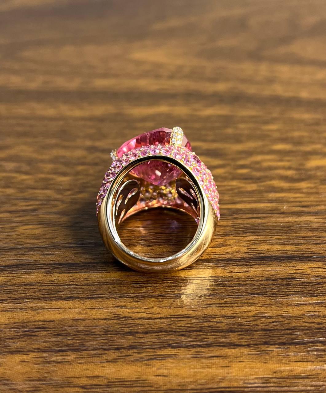 Pink Tourmaline Rubellite Pink Sapphire Diamond Pave 18K Rose Gold Unique Ring