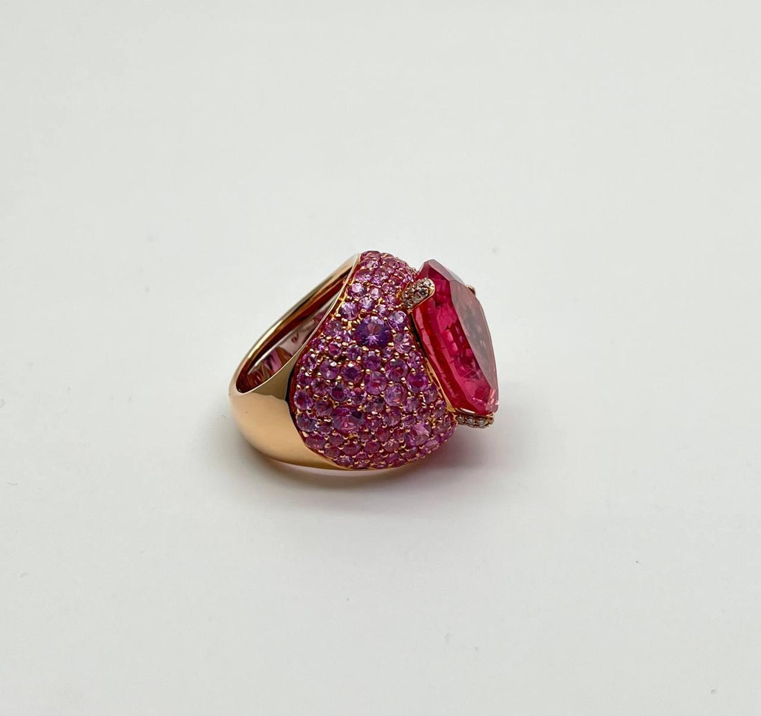Pink Tourmaline Rubellite Pink Sapphire Diamond Pave 18K Rose Gold Unique Ring