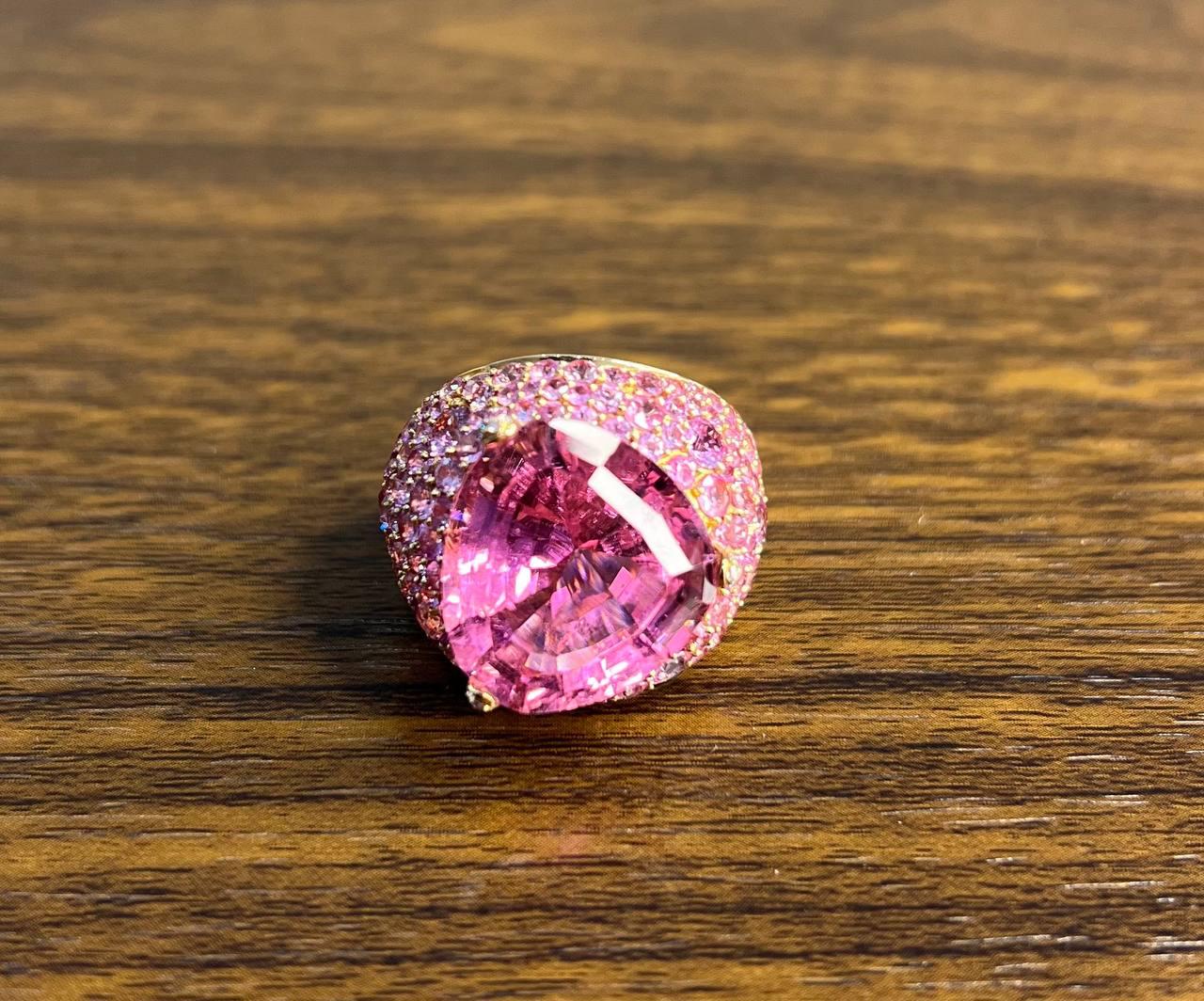Pink Tourmaline Rubellite Pink Sapphire Diamond Pave 18K Rose Gold Unique Ring