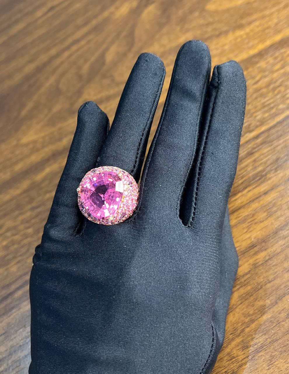 Pink Tourmaline Rubellite Pink Sapphire Diamond Pave 18K Rose Gold Unique Ring
