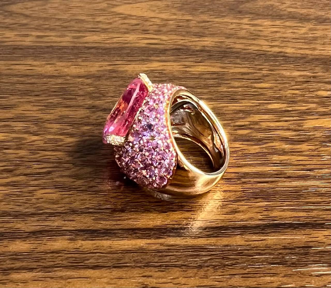 Pink Tourmaline Rubellite Pink Sapphire Diamond Pave 18K Rose Gold Unique Ring