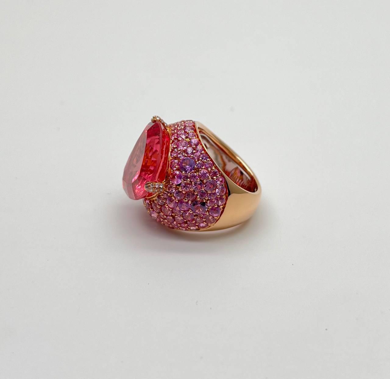 Pink Tourmaline Rubellite Pink Sapphire Diamond Pave 18K Rose Gold Unique Ring