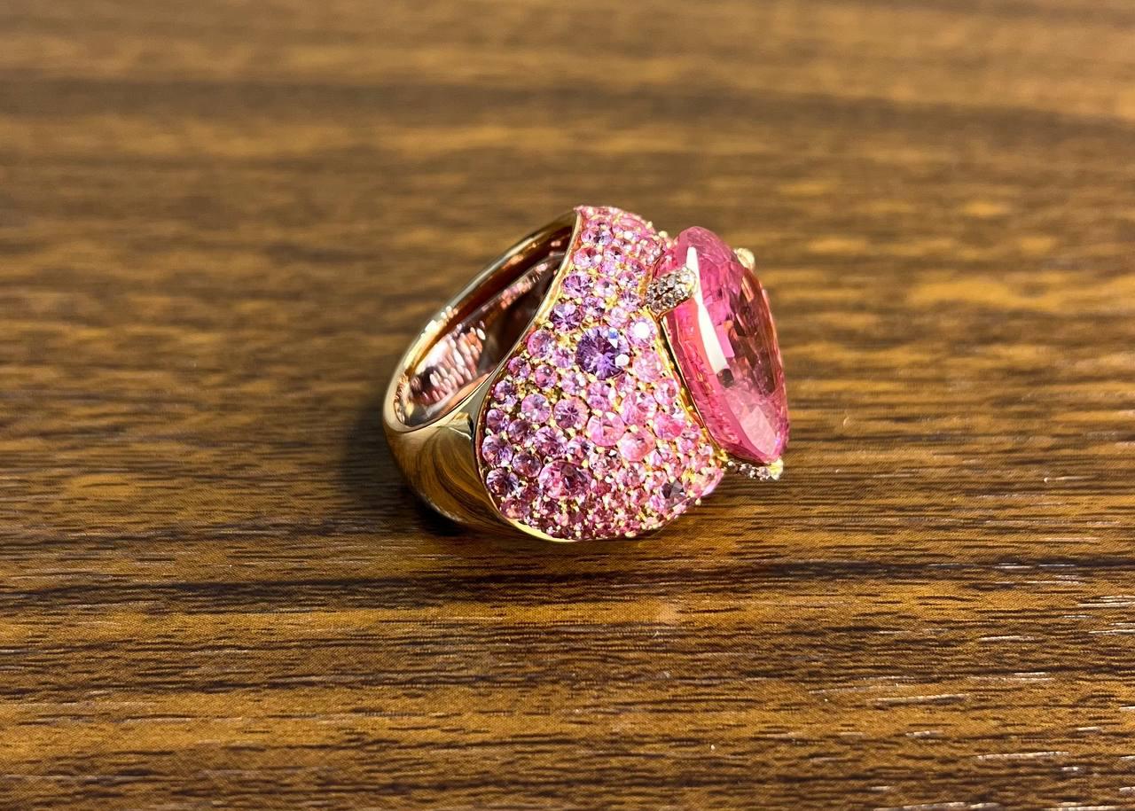 Pink Tourmaline Rubellite Pink Sapphire Diamond Pave 18K Rose Gold Unique Ring
