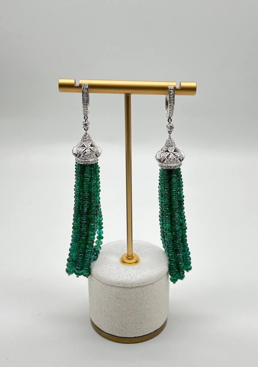 Emerald Bead Chandelier Drop White Diamond 18 Karat White Gold Earrings