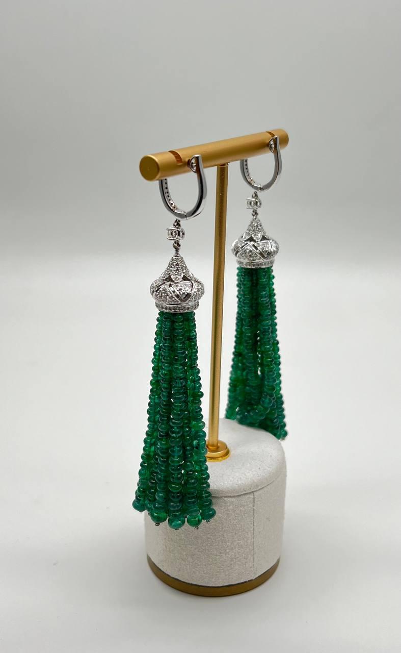 Emerald Bead Chandelier Drop White Diamond 18 Karat White Gold Earrings