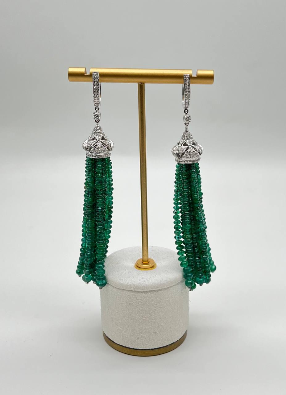 Emerald Bead Chandelier Drop White Diamond 18 Karat White Gold Earrings