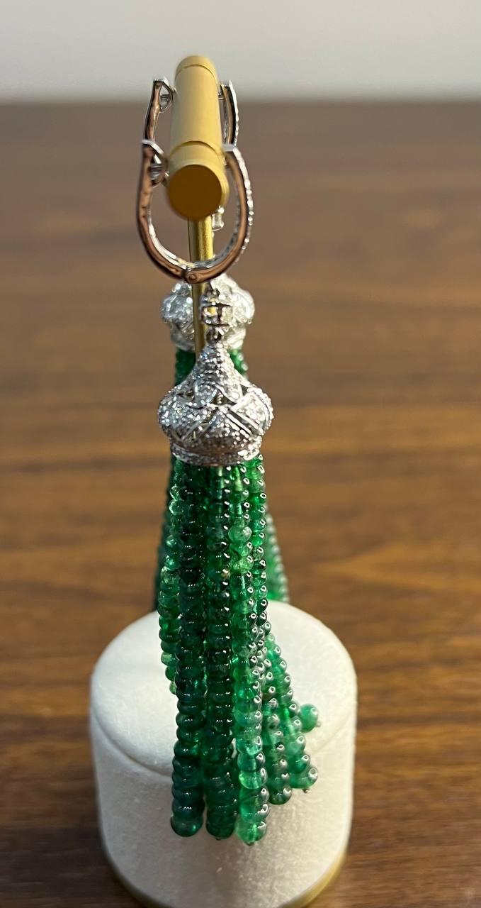 Emerald Bead Chandelier Drop White Diamond 18 Karat White Gold Earrings