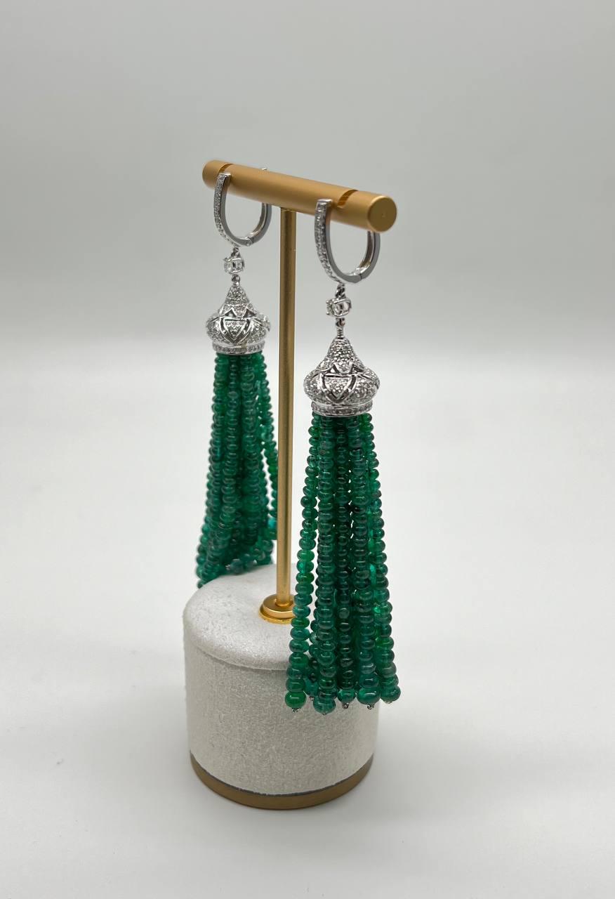 Emerald Bead Chandelier Drop White Diamond 18 Karat White Gold Earrings