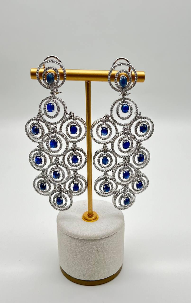 Blue Sapphire & White Diamonds Statement Drop 18K White Gold Chandelier Earrings