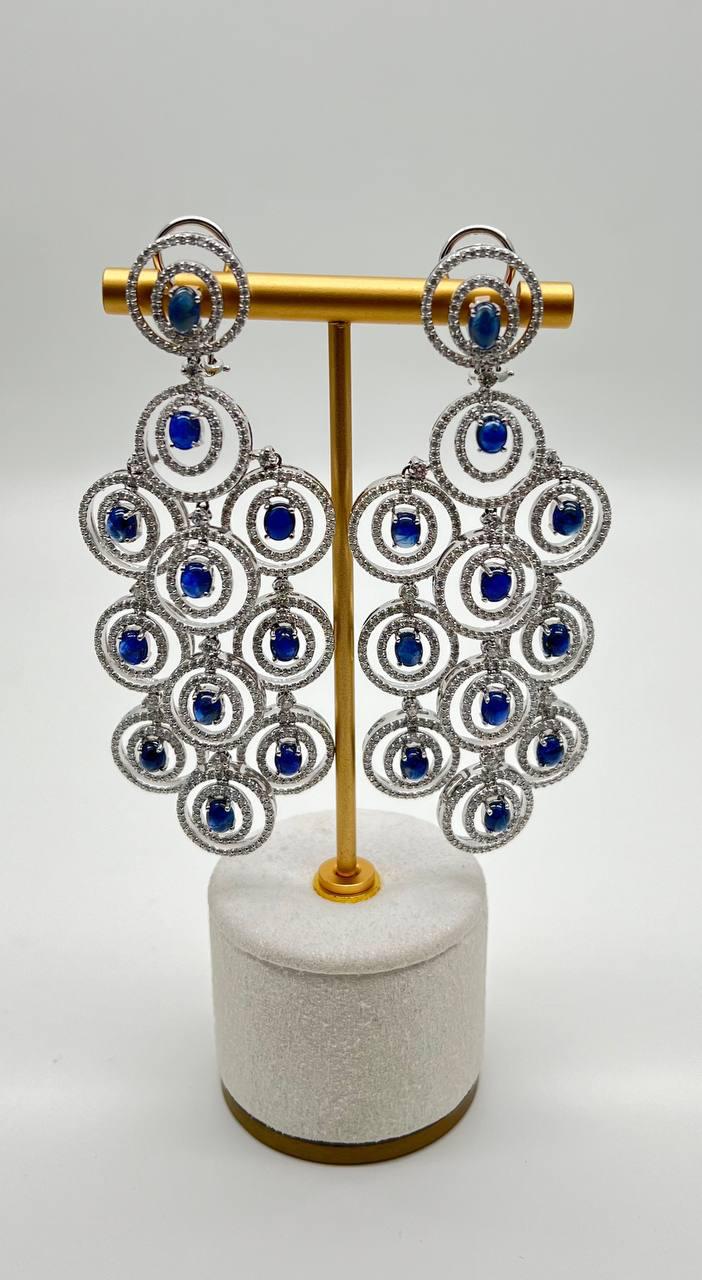 Blue Sapphire & White Diamonds Statement Drop 18K White Gold Chandelier Earrings