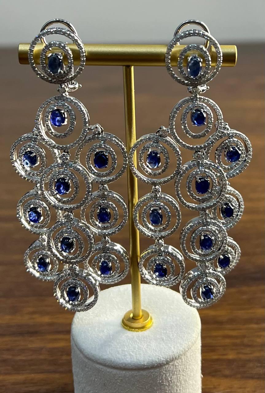 Blue Sapphire & White Diamonds Statement Drop 18K White Gold Chandelier Earrings