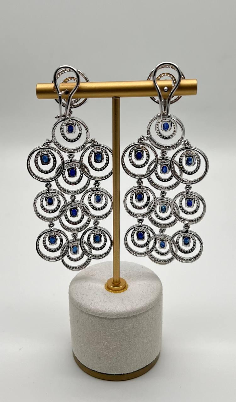 Blue Sapphire & White Diamonds Statement Drop 18K White Gold Chandelier Earrings