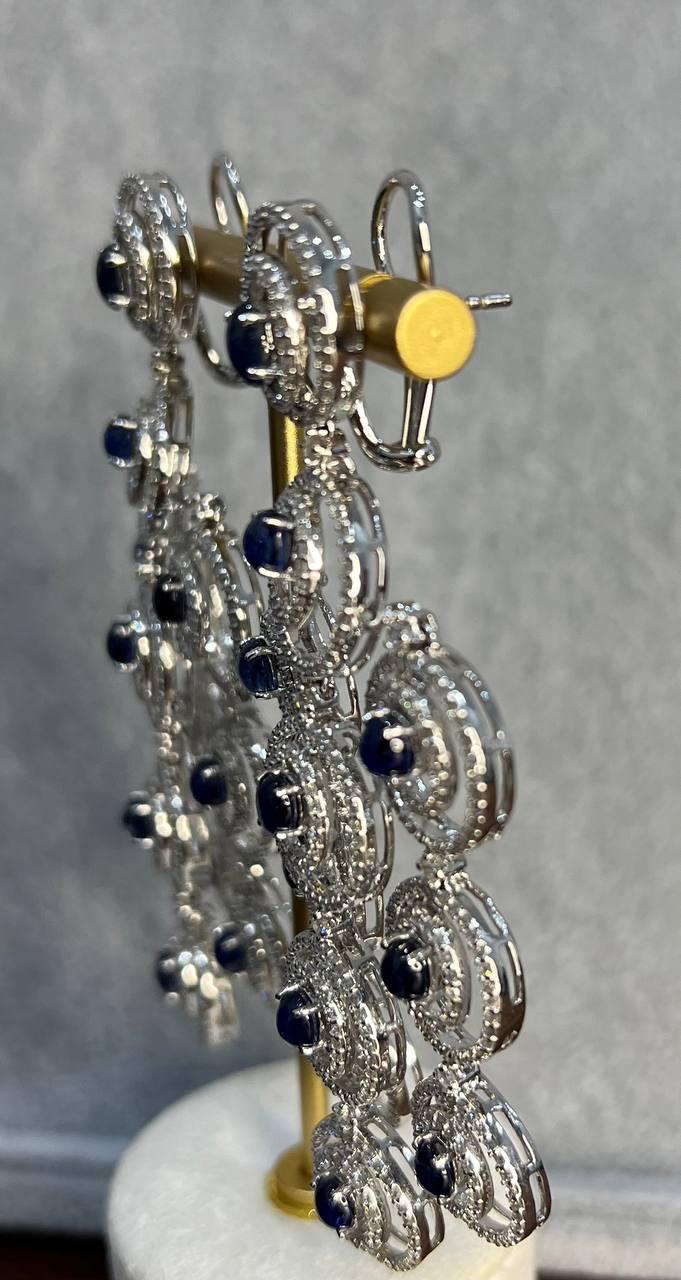 Blue Sapphire & White Diamonds Statement Drop 18K White Gold Chandelier Earrings