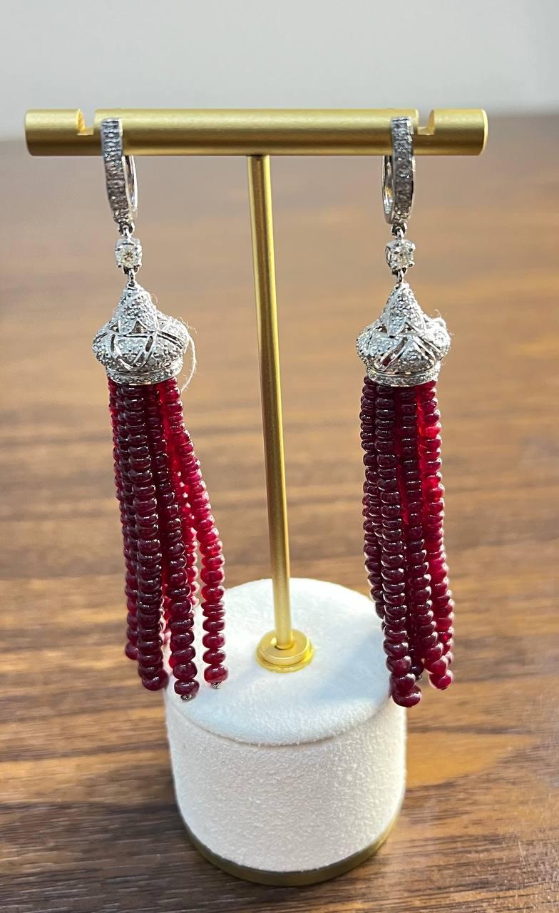 Ruby Bead Chandelier Drop White Diamond 18 Karat White Gold Earrings