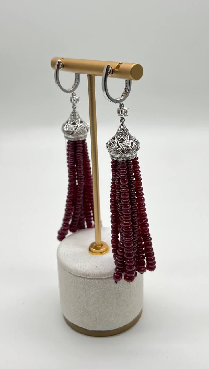 Ruby Bead Chandelier Drop White Diamond 18 Karat White Gold Earrings