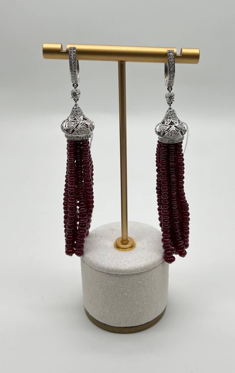Ruby Bead Chandelier Drop White Diamond 18 Karat White Gold Earrings