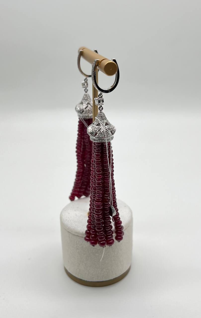 Ruby Bead Chandelier Drop White Diamond 18 Karat White Gold Earrings