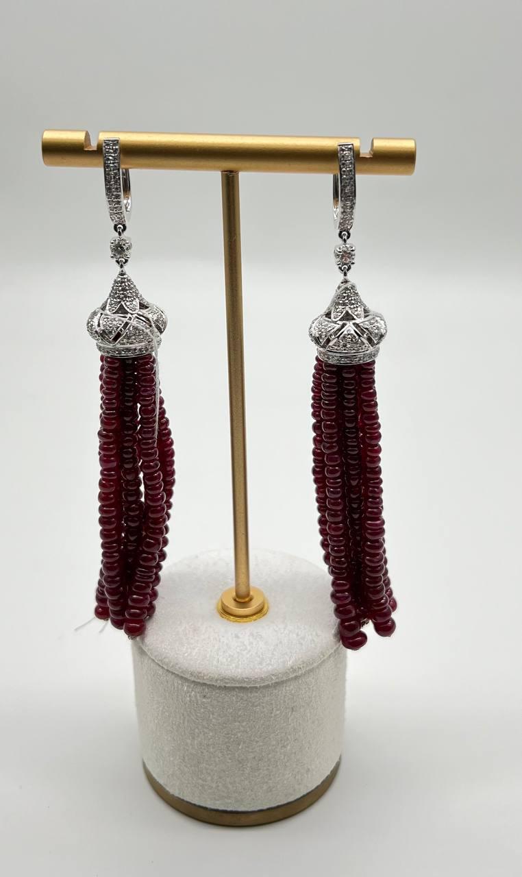 Ruby Bead Chandelier Drop White Diamond 18 Karat White Gold Earrings