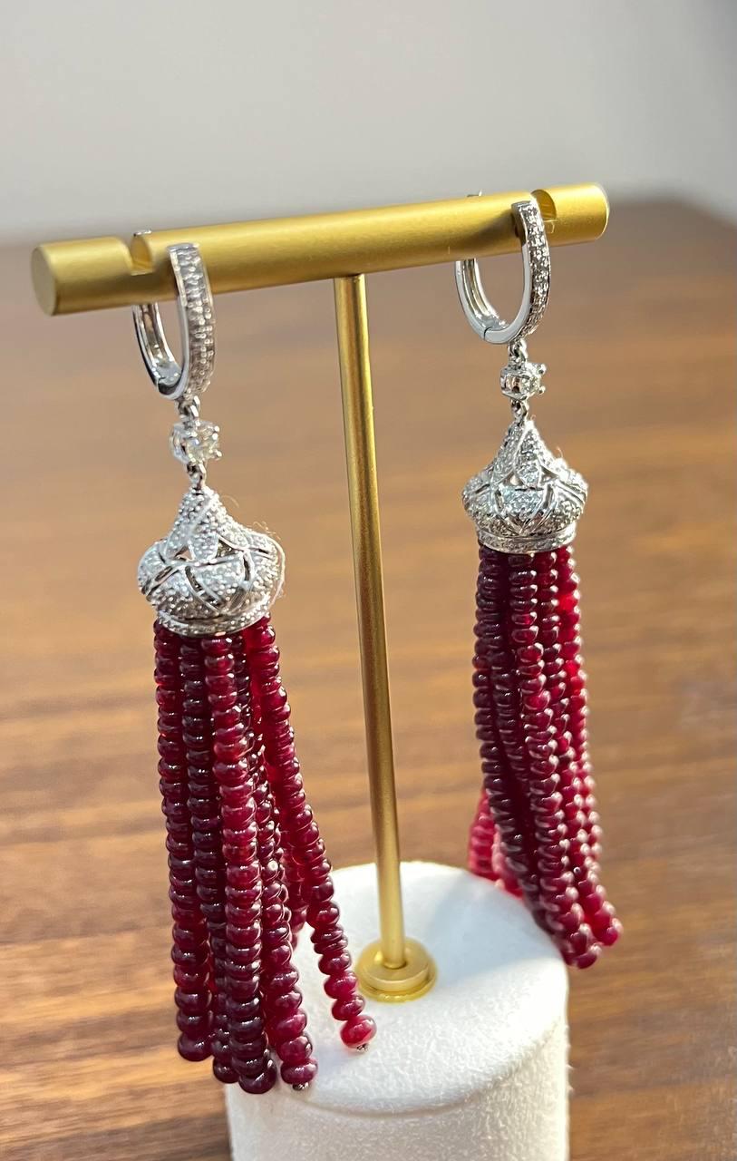 Ruby Bead Chandelier Drop White Diamond 18 Karat White Gold Earrings