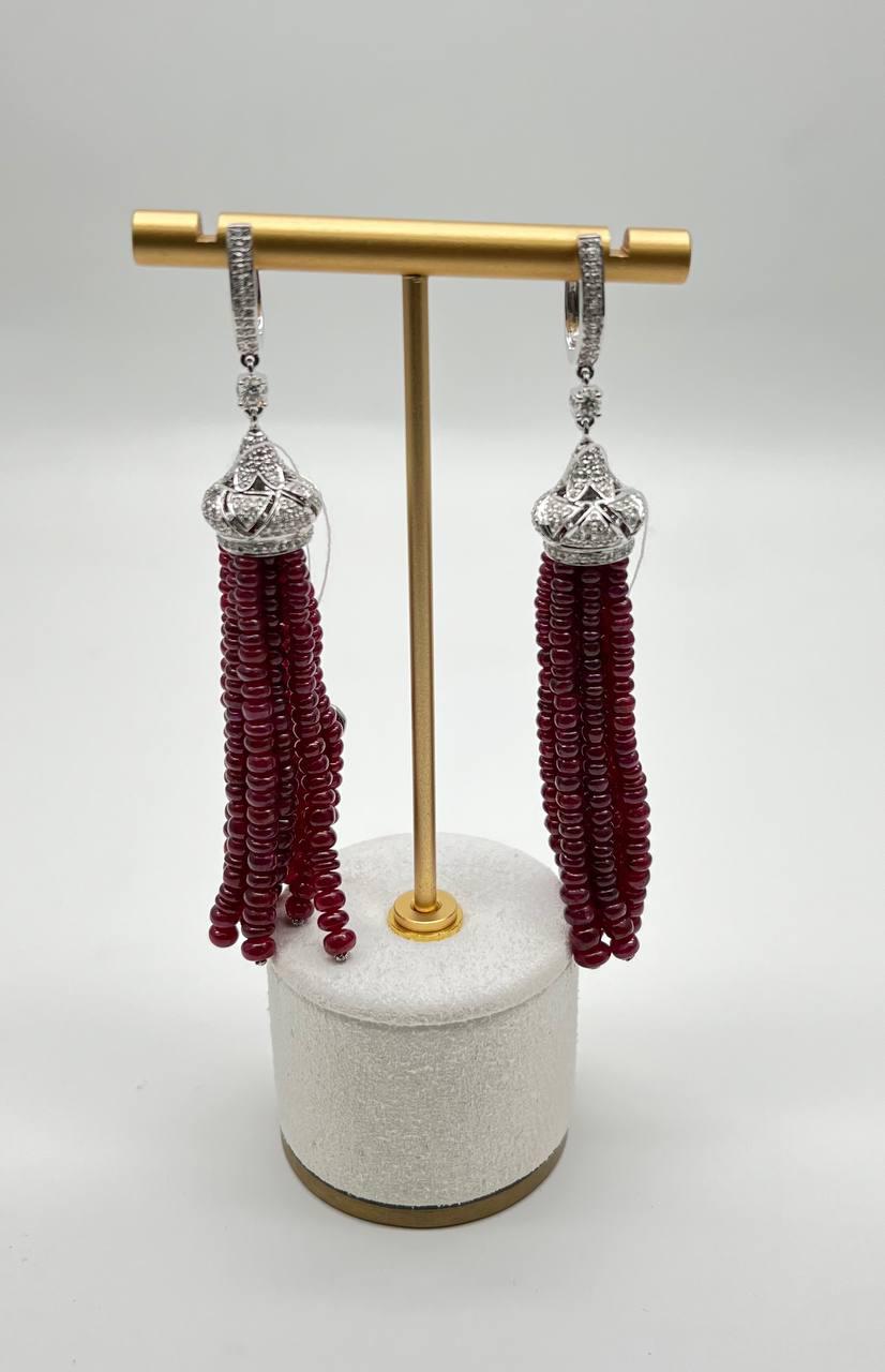 Ruby Bead Chandelier Drop White Diamond 18 Karat White Gold Earrings