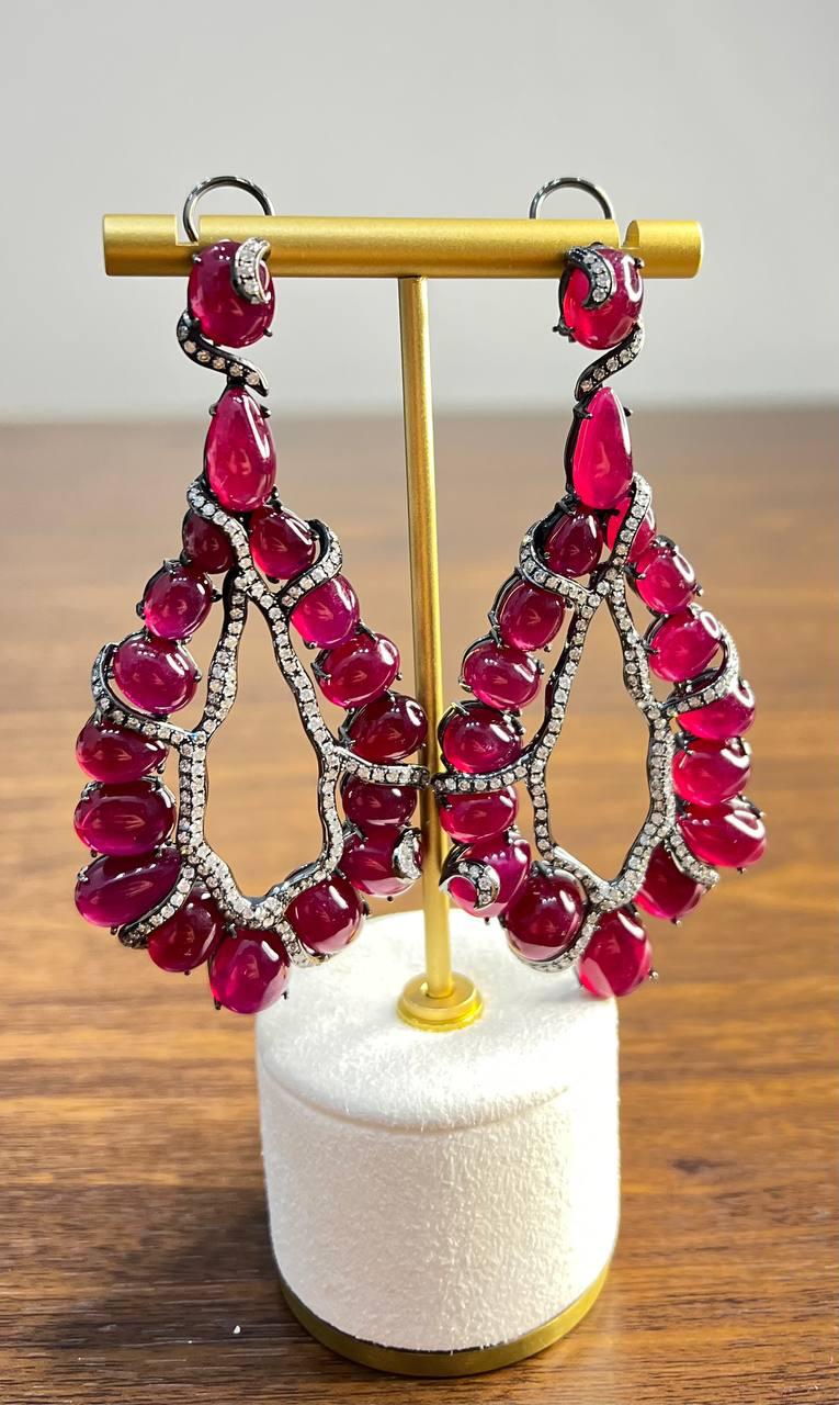 Fancy Shape Red Ruby Cabochons White Diamonds 18 Karat White Black Gold Earrings
