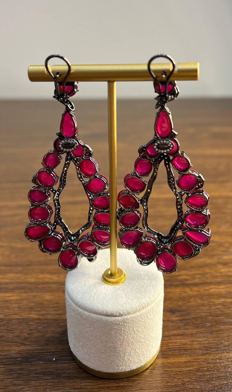 Fancy Shape Red Ruby Cabochons White Diamonds 18 Karat White Black Gold Earrings