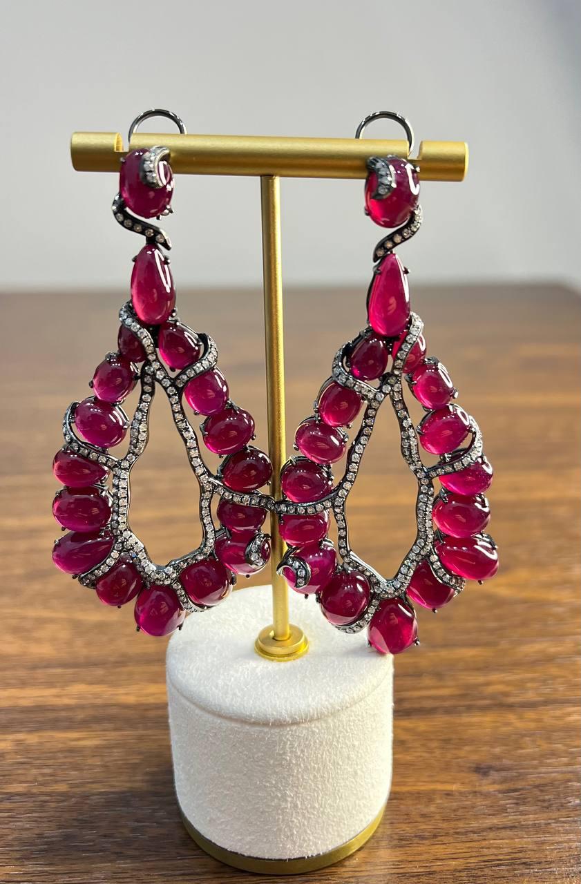 Fancy Shape Red Ruby Cabochons White Diamonds 18 Karat White Black Gold Earrings