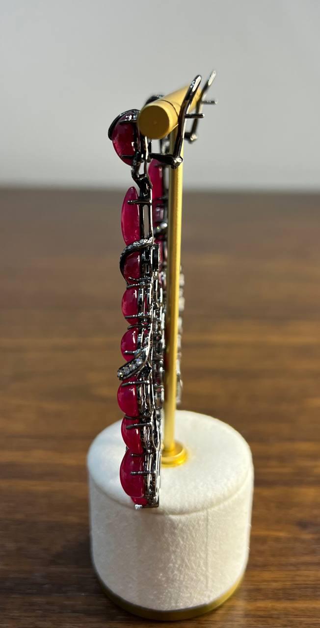 Fancy Shape Red Ruby Cabochons White Diamonds 18 Karat White Black Gold Earrings