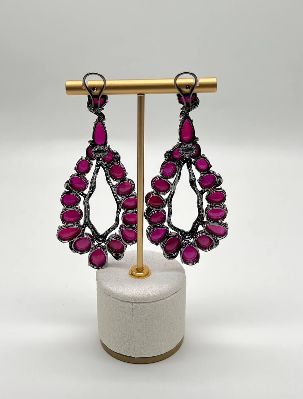 Fancy Shape Red Ruby Cabochons White Diamonds 18 Karat White Black Gold Earrings