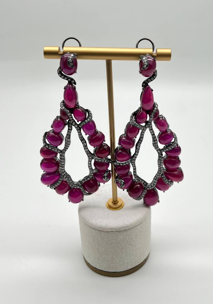 Fancy Shape Red Ruby Cabochons White Diamonds 18 Karat White Black Gold Earrings