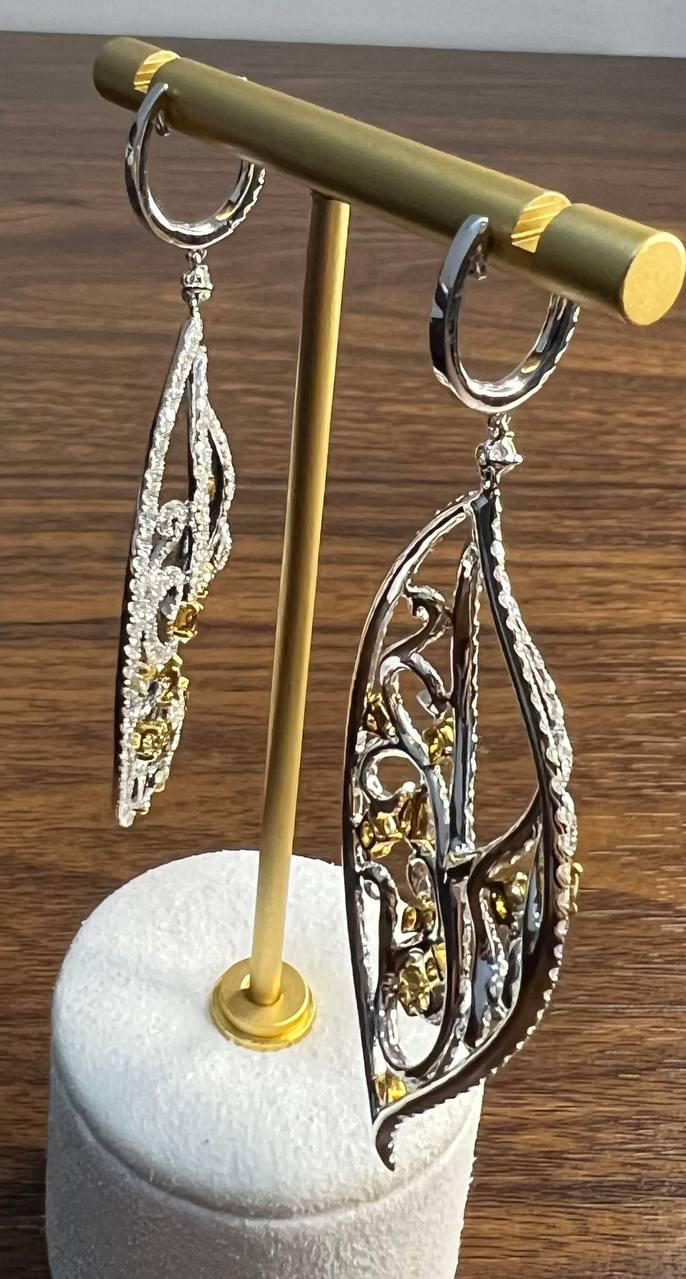 Fancy Color & White Diamond Fancy Elegant 18K White Gold Statement Drop Earrings