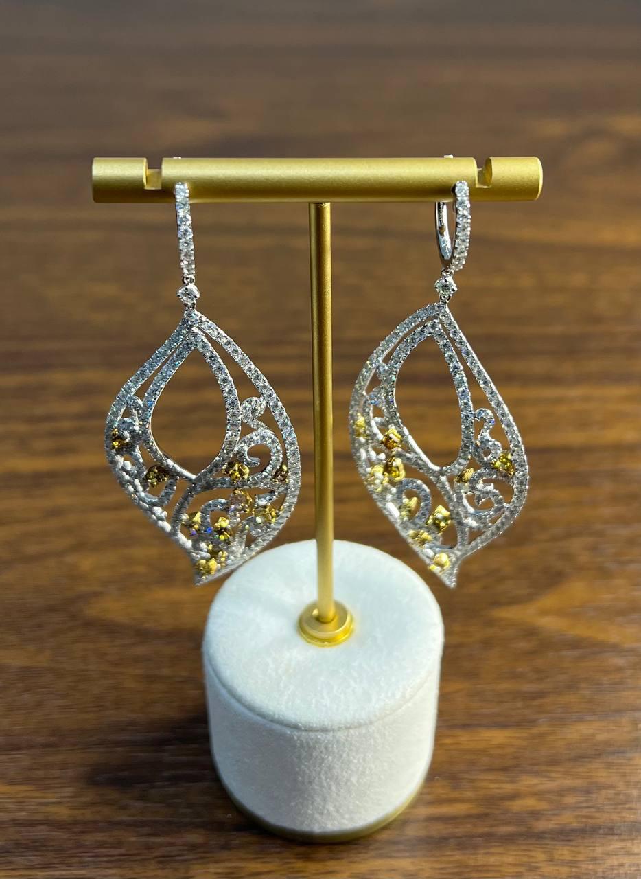 Fancy Color & White Diamond Fancy Elegant 18K White Gold Statement Drop Earrings