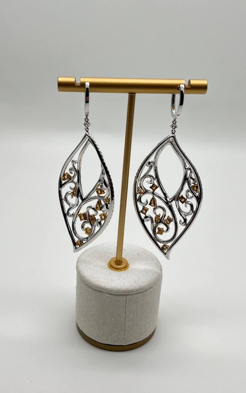 Fancy Color & White Diamond Fancy Elegant 18K White Gold Statement Drop Earrings