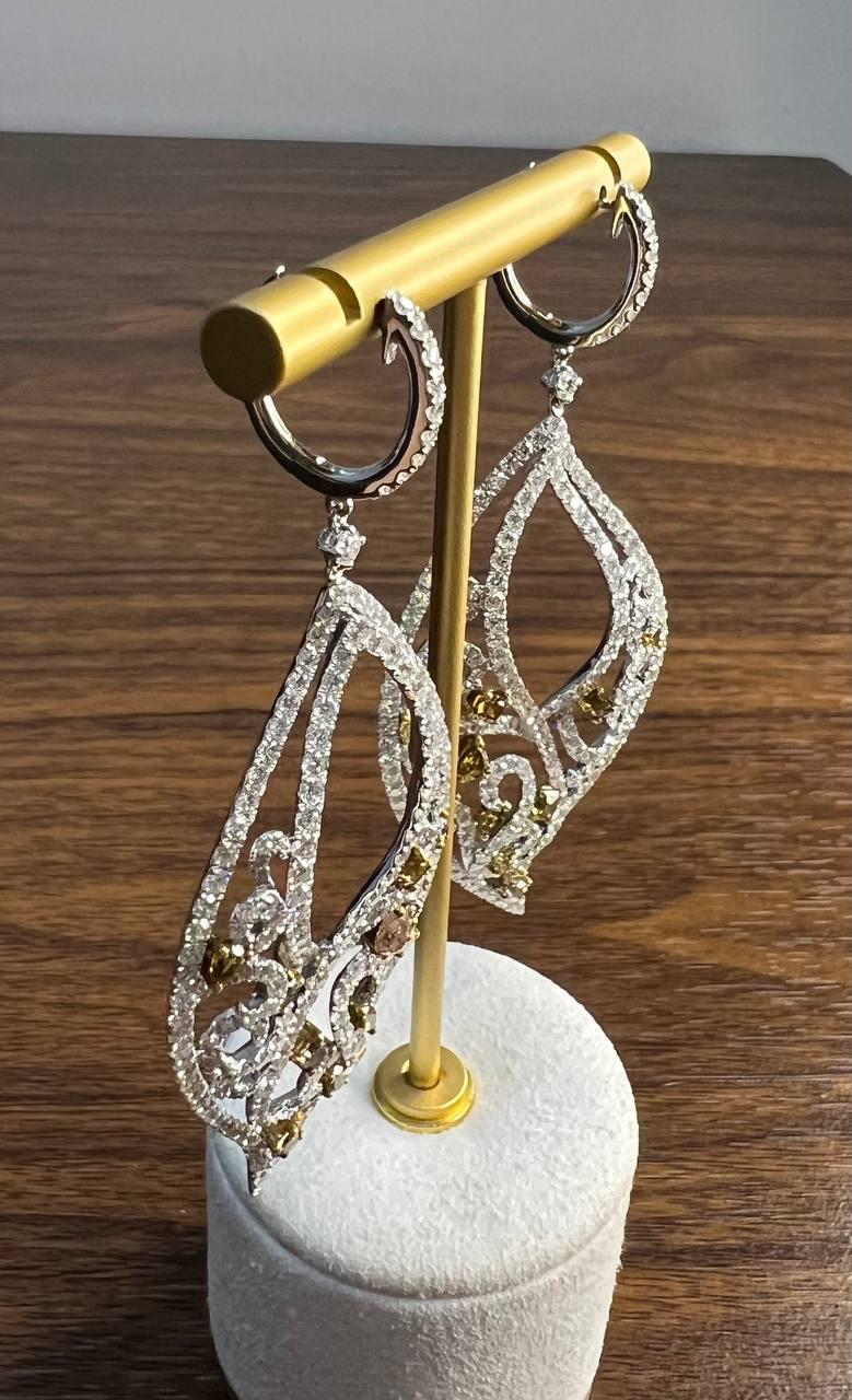 Fancy Color & White Diamond Fancy Elegant 18K White Gold Statement Drop Earrings