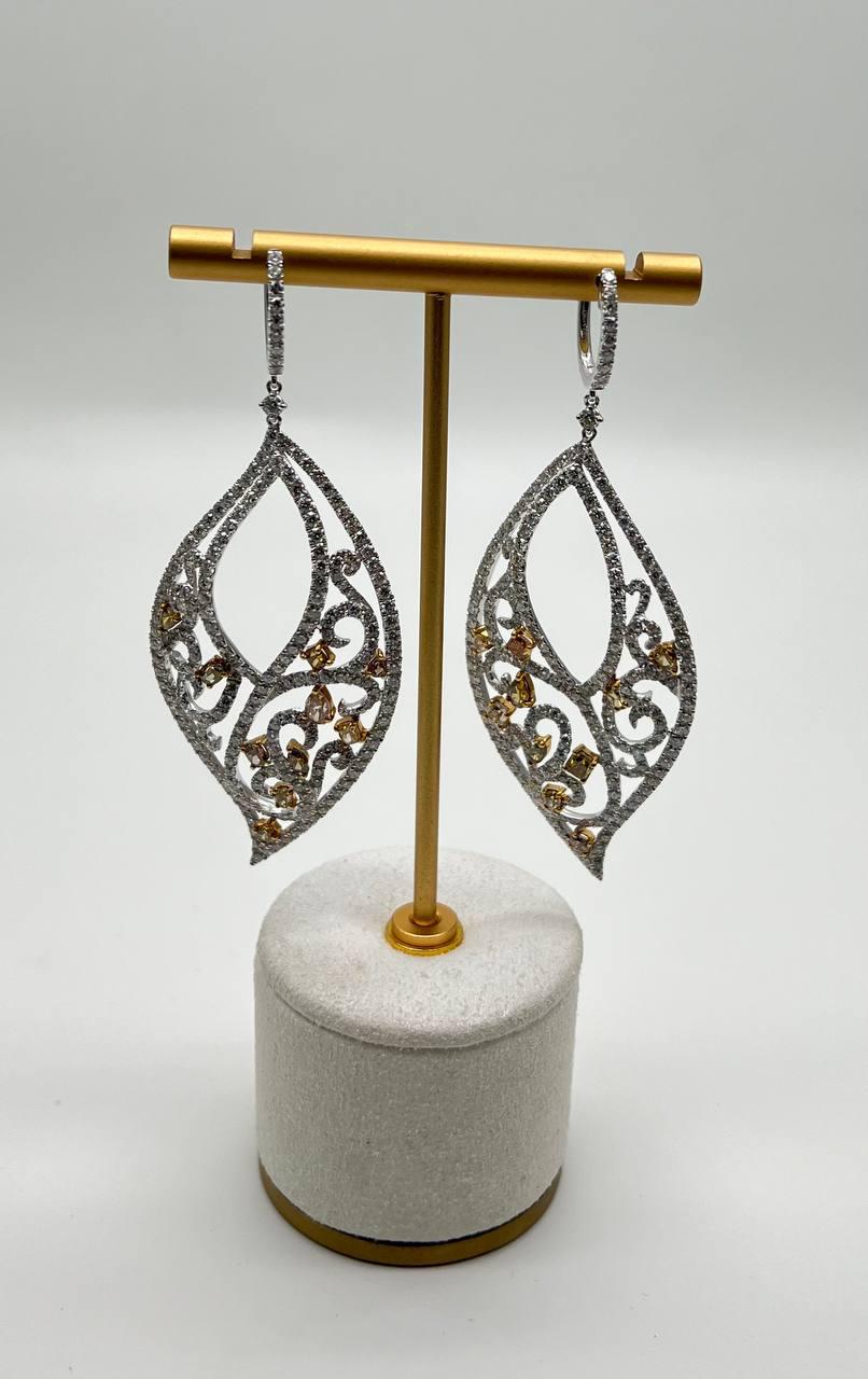 Fancy Color & White Diamond Fancy Elegant 18K White Gold Statement Drop Earrings