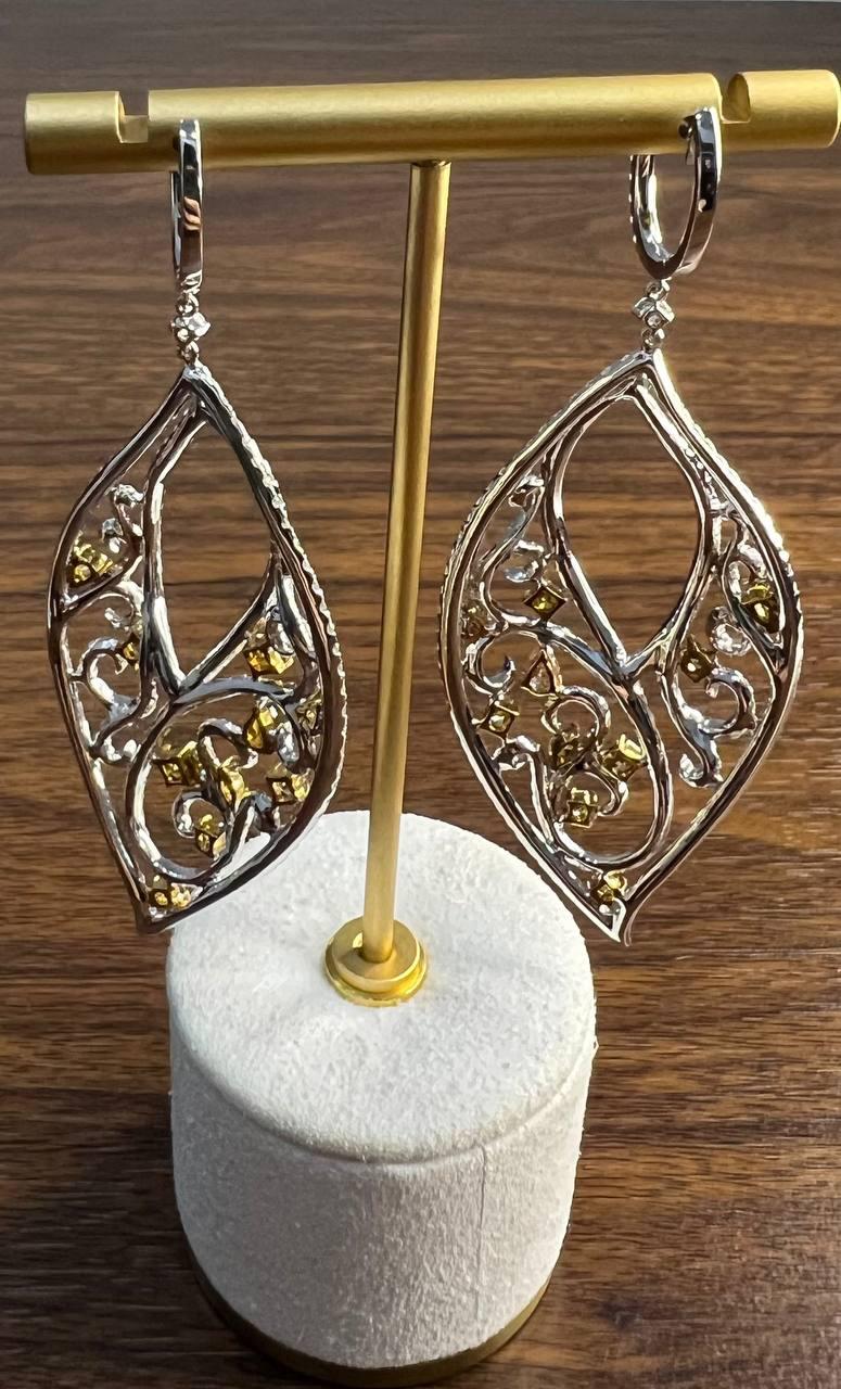 Fancy Color & White Diamond Fancy Elegant 18K White Gold Statement Drop Earrings