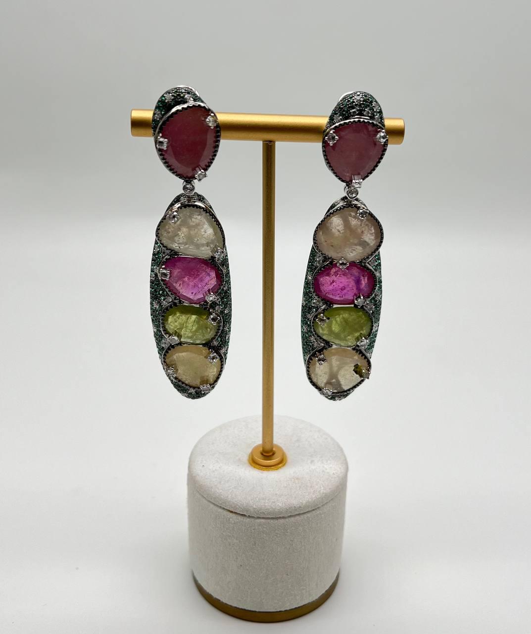 Unique Multi Color Sapphire Emerald Diamonds 18K White Gold Statement Earrings