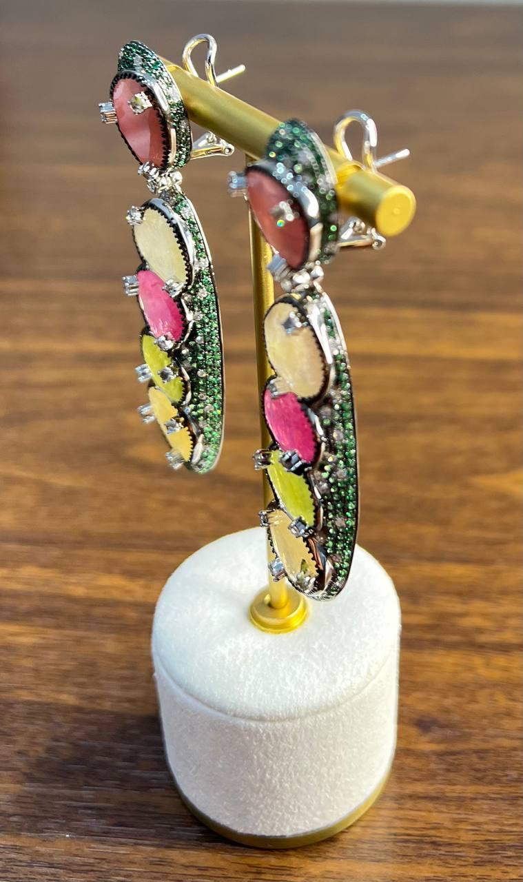 Unique Multi Color Sapphire Emerald Diamonds 18K White Gold Statement Earrings