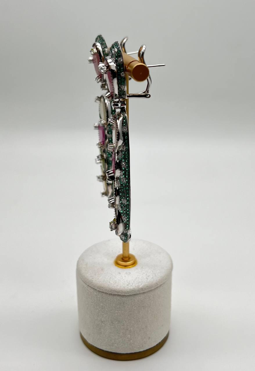 Unique Multi Color Sapphire Emerald Diamonds 18K White Gold Statement Earrings