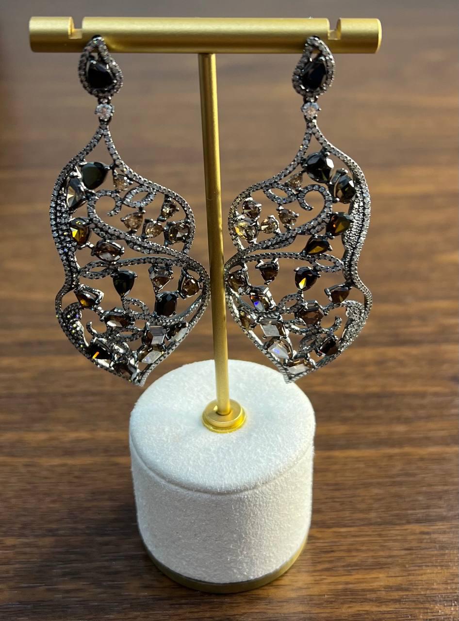 Fancy Color Diamond & White Diamonds 18K White Black Gold Statement Earrings